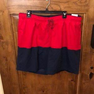 Red and navy swim trunks